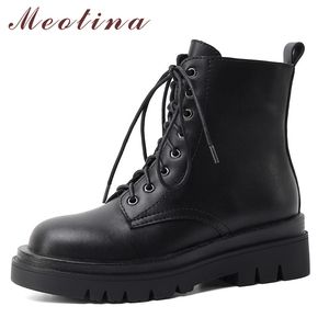 Enkellaarzen vrouwen schoenen lederen platform hoge hak korte rits lace up block hakken dames zwart 40 210517