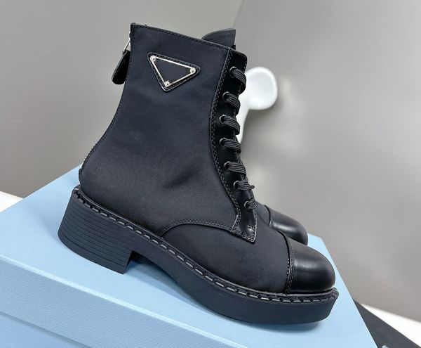 Botas de tobillo Zapatos de mujer con cordones en la cola Ropa con cremallera Botas de diseñador Tela triangular Corredor de espuma impermeable Material mocasines entrenador