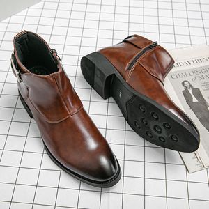 Enkel f39f3 laarzen Britse mannen schoenen Solid Color Pu Buckle Side Zipper Pointed Toe Fashion Casual Street All-match AD037