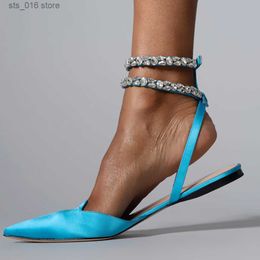 Cheville chaussures plates Summer Crystal Strap Femmes Sandales Sandales pointues Fashion Bridals Robe de soirée Party Lady Shoe T