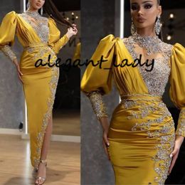 Enkellengte Arabische avond formele jurken 2023 Sparkly Crystal kralen kant kant hoge nek lange mouw sexy spleet gelegenheid prom jurk 226k