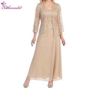 enkel lengte chiffon champagne moeder van de bruid jurk met kant jas twee stukken 3 4 mouwen elegante prom jurk plus size partij dr266s