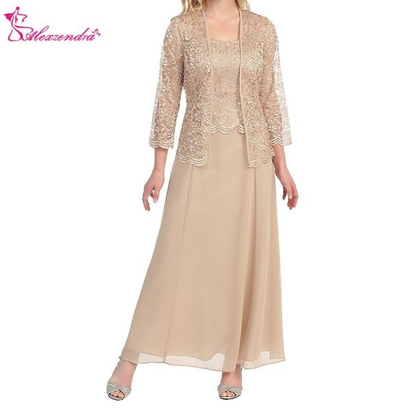 Longueur cheville en mousseline de soie Champagne mère de robe de mariée avec veste en dentelle deux pièces 3 4 manches robe de bal élégante grande taille fête Dr274x