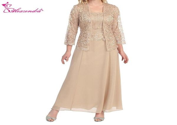 Longueur de la cheville en mousseline de soie Champagne robe de mère de mariée avec veste en dentelle deux pièces 34 manches robe de bal élégante grande taille fête Dr3408202