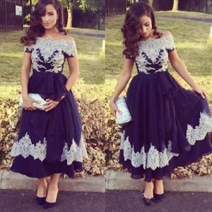 Enkellengte prom dresses off the shoulder kant applicaties a line chiffon afstuderen feestjurk rug rits korte mouwen avondjurken