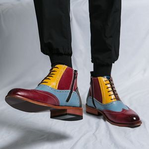 Enkel mannen laarzen point teen veter-up gemengde kleuren zakelijke handgemaakte schoenen mannen mode
