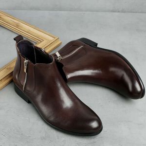 Tobillo Hombres Genuino Negro Marrón Cremallera Casual Vestido De Cuero Hombre Botas Hecho A Mano Formal Para Hombre Zapato De Bota