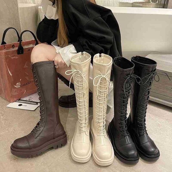 Bottines de neige en cuir chaussures habillées longues femmes chevalier nouveau augmenté à lacets dames mode genou haut bout rond fermeture éclair talon carré