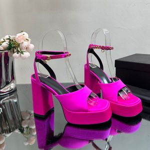 enkellaarsjes van zijde met hoge hak leren dikke blokhakken Geklede schoenen Luxe designersandalen feestschoenen voor dames Trouwschoenen Paars Rose zilver 11 cm Met doos