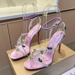 Sangle de cheville strass sandales à talons décoratifs chaussures de gladiateur Escarpins Chaussures de soirée à bout ouvert pour femmes Chaussures de créateurs de luxe à talons hauts chaussures d'usine