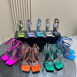 Knöchelriemen-Stiletto-Sandalen aus Seide mit schmalem Band, quadratische Zehenpartie, 105 mm Absatz, Gladiator-Pumps mit Lederlaufsohle, Damen-Luxusdesigner, hochhackige Abendschuhe, mit Box