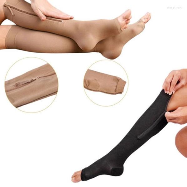 Soutien de la cheville unisexe femmes hommes Compression noir blanc jambe haute minceur bas fermeture éclair bout ouvert genou