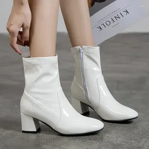 Cheville blanc classique noir 373 bottes pour femmes bloquer le talon bas à talon court dame brevet chaussures en cuir femme automne hiver grand 22