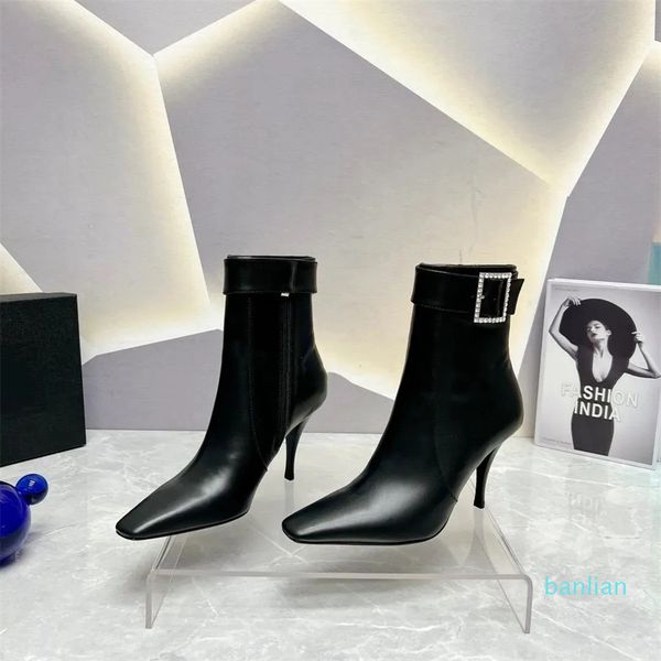 Botas con cremallera en el tobillo Punta cuadrada Tacones de aguja Botines con hebilla Suela polaca Diseñador de mujer Vestido Zapatos de noche