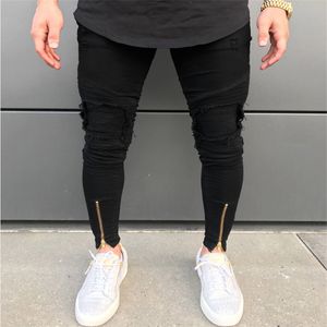 Enkel Rits Ontwerp Hi-Street Mens Black Ripped Jeans Mannen Mode Mannelijke Verontruste Skinny Jeans Vernietigd Denim Jeans broek