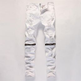Cheville Zipper Mens Jeans Slim Straight Distressed Hole Ripped Jeans Hommes Noir Blanc Rouge Skinny Jogger Pantalon Homme Designer Trouser234x