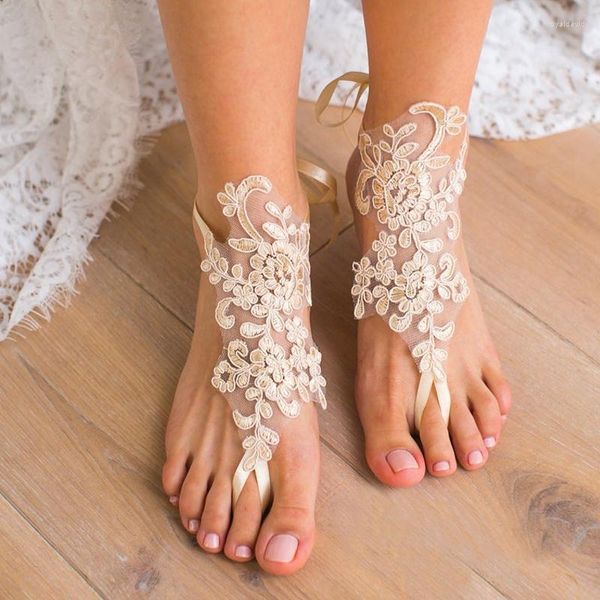 Bracelets de cheville 1 paire de sandales aux pieds nus de mariée chaussures accessoires paillettes dentelle décor de mariage chaîne femmes dame pied bijoux Roya22