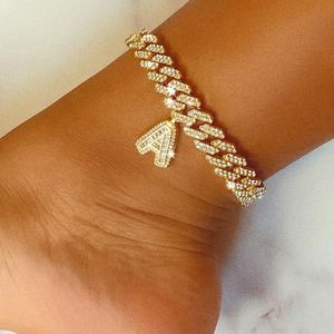 Enkelbanden 12 mm Diy Gold Layed Initial Cuban Link Chain Iced Out Out Enklets for Women Cuban Ankle Ankle Bracelet Roestvrij stalen sieraden 230306