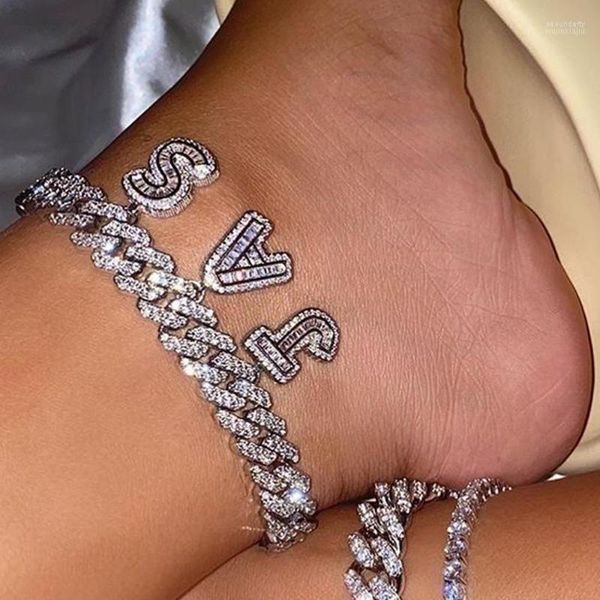 Bracelets de cheville 12mm déclaration lien cubain bricolage nom bracelets de cheville pour femmes cristal Zircon initiale 26 lettre en gros bijoux de charme Seau22