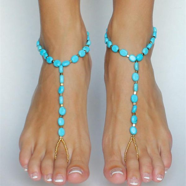 Bracelets de cheville 1 pièces Boho bleu opale pierre perlée pieds nus sandales élasticité cheville pour femmes été plage orteil anneau jambe chaîne cheville pied bijoux