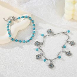 Bracelets de Cheville 2 pièces ensemble de bracelets de cheville perlés Style Boho Mini perles turquoise Double couches Bracelet de cheville pour femmes filles accessoires de plage d'été