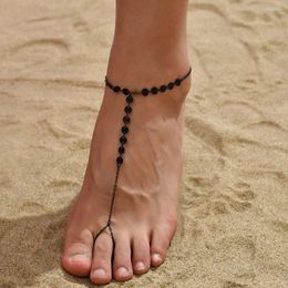 Anklets 2023 Summer Beach Bohemia Barefoot Sandalen voet sieraden eenvoudige legering zwarte schijf teen ringketen voor vrouwen