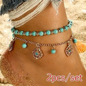 Enkelbanden 2 stks/set ketting enkel armband Boheemse groene steen kraal blauwe baksteen holle plaat bloem ankle anklet strand voet sieraden