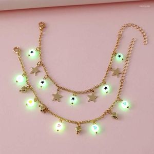 Bracelets de cheville 2 pièces/ensemble lumineux étoile perle pendentif cheville pour filles adolescents enfants réglable été plage alliage chaîne bijoux cadeau