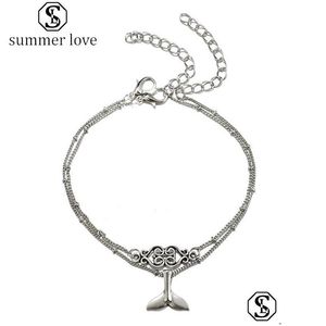 Bracelets de cheville 2 pièces/ensemble queue de sirène pendentif pour les femmes Boho personnalité coeur charme Sier Yoga cheville Bracelets amitié Mtilaye Dhsfg
