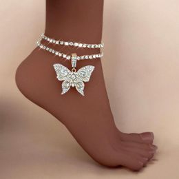 Bracelets de cheville 2 pièces/ensemble à la mode grand papillon strass Bracelet à breloques pour femmes pieds nus sandales bijoux cristal chaîne cheville sur jambe