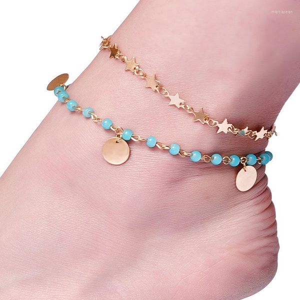 Tobilleras 2 uds., tobillera para mujer, pulsera creativa de aleación, pulsera de playa para citas, cadena de pie de pierna de estrella, joyería de tobillo Marc22