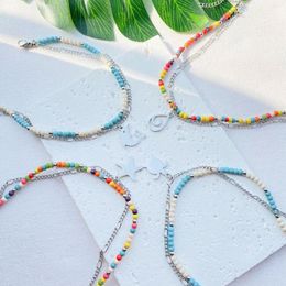 Bracelets de Cheville 304 Acier Inoxydable Boho Bohême Lien Câble Chaîne Cheville Couleur Argent Multicouche Pour Femmes D'été Plage Foot Show 22 cm Long 1 PC