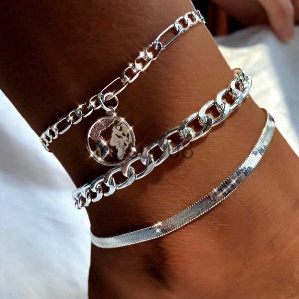 Tobilleros 3pcs/set dorado silver color world world anklets para mujeres bohemian multicapa tobillera en la pierna moda beh joyería céspedes J230815