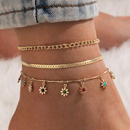 Anklets 3 stks/set zomeraccessoires Multi-layer ketting Bloemhanger voor vrouw Gold Color Sieraden Vrouwenarmband op het been