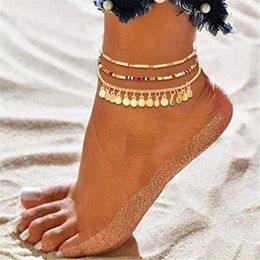 Bracelets de cheville 3 pièces/ensembles coloré riz perle gland pour les femmes charme couleur or plaquette pied chaîne été réglable bijoux plage cadeau