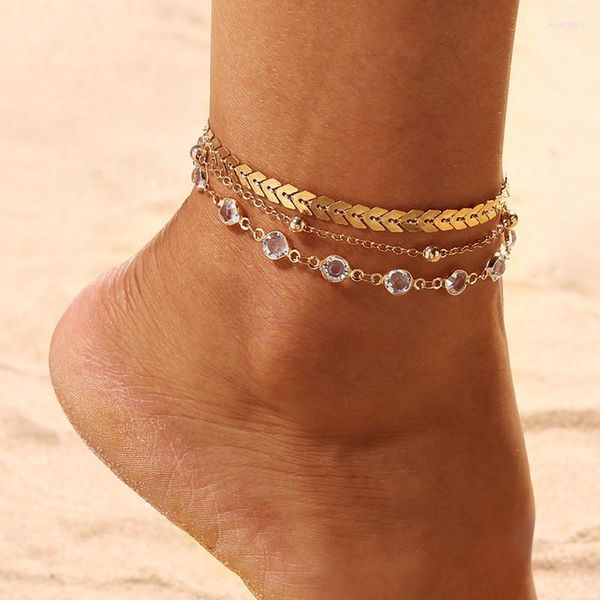Bracelets de cheville 3 pièces/ensembles mode Paillette Zircon couleur or pour femmes été plage pieds nus sandales perles bohème bijoux en gros Roya22