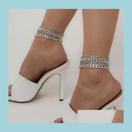 Anklets 4pcs/Set Vintage Boho Cuban Chunky Chain Anklets for Women Bijoux Femme Punk Dik Link Ankle Bracelet Girl Summber Beach AC DHB8J