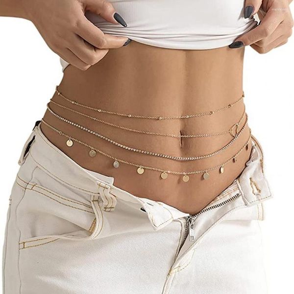Bracelets de cheville 4pcs chaînes de taille quatre couches pendentif rond bijoux sexy chaîne mince ceinture de ventre femmes plage corps