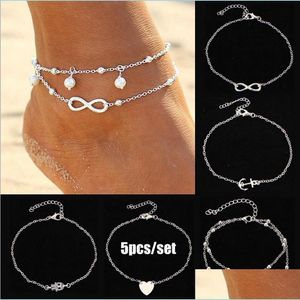 Anklets 5 pc's/set Sier Gold Beach Anklets Bracelet Hamsa Hand Infinity Love Heart Anklet Zomervakantie Voeten Keten Juwelier CARSHOP2006 DHHLU