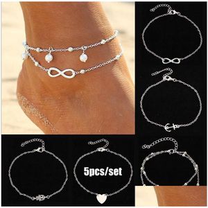 Enkelbanden 5 stks/set Sier Gouden Strandarmband Hamsa Hand Infinity Liefde Hart Enkelbandje Zomervakantie Voetketting Sieraden Set Drop Delivery Dhqbf