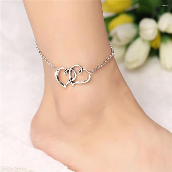 Bracelets de cheville 50pc plaqué argent creux double coeur en forme de coeur cheville pour femmes filles ami pied bijoux jambe bracelet pieds nus sandale plage