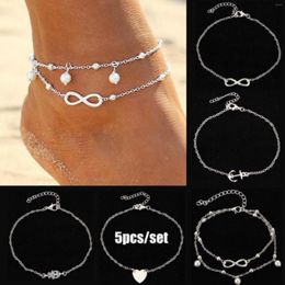 Bracelets de cheville 5 pièces/ensemble bohême argent pied plage coeur paume ancre infini Bracelet de cheville chaîne de luxe bijoux pour femmes