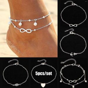 Anklets 5 stks/set Bohemia Silver voet strand hart palm anker oneindig Anklet armband luxe ketting dames sieraden