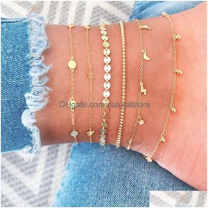 Bracelets de Cheville 6 Pcs Cheville Bracelet Ensemble Boho Bijoux Chaînes Infinity Rond Charme Bracelets Or Femmes Cuivre Métal Pour Cheville Pied Goutte Deliv Otcxz