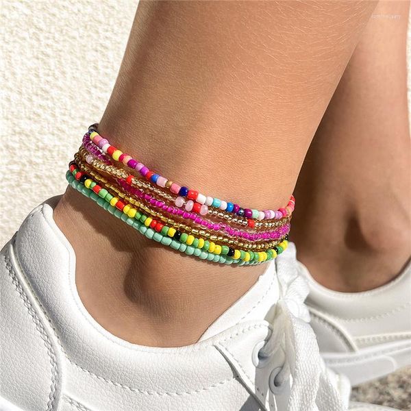 Bracelets de cheville 6 pièces/ensemble bohème multicolore perlé chaîne Bracelet de cheville ensemble pour femme élastique cheville sur la jambe pied plage bijoux