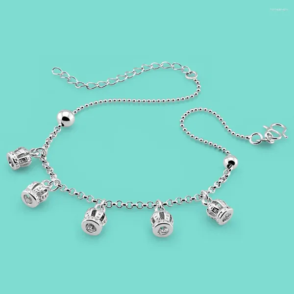 Tobilleras Cadena de plata esterlina 925 para mujer Accesorios para pies Luz Corona de lujo Colgante Playa Sandalias descalzas Pulsera en la pierna