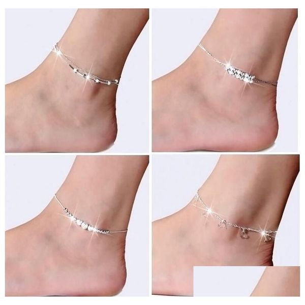 Bracelets de cheville en argent sterling 925 pour femmes, bijoux de pied incrustés de zircons, bracelets de cheville sur une jambe, cadeaux de personnalité, livraison directe Dhgne