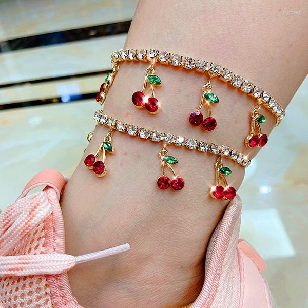 Bracelets de cheville réglable rouge cristal cerise pendentif cheville pour femmes luxe strass chaîne Pulseras Tobilleras pieds nus sandales pied bijoux