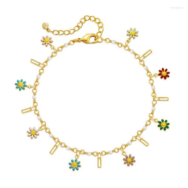 Bracelets de cheville ALLME Boho 18K véritable plaqué or en laiton multicolore émail marguerites fleur creux rectangle pour femmes accessoires de vacances