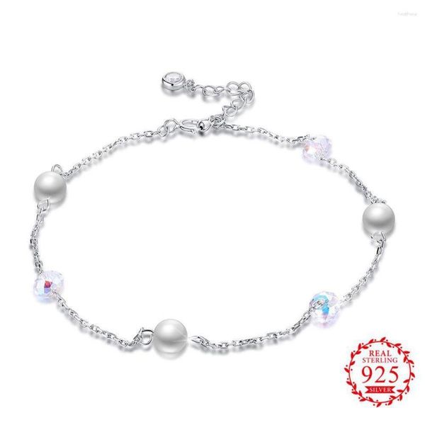 Bracelets de cheville en argent Sterling 925 véritable, bijoux de cheville avec perles fines et décoration en cristal clair pour femmes et filles